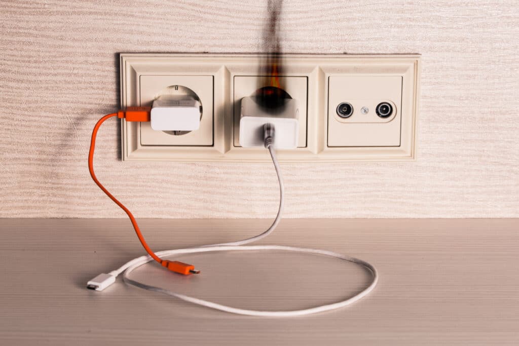 The charger of the mobile phone caught fire in the socket. Fire safety concept when using charger and wires.